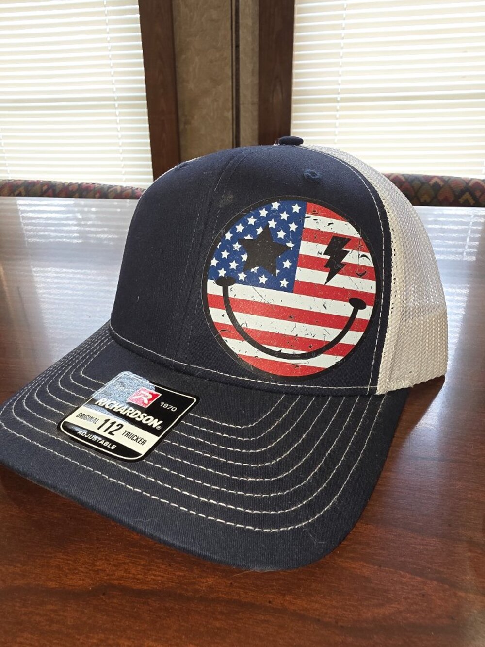 4th of July Richardson Navy/White Mesh Back Trucker Hat USA Flag Smiley Patch